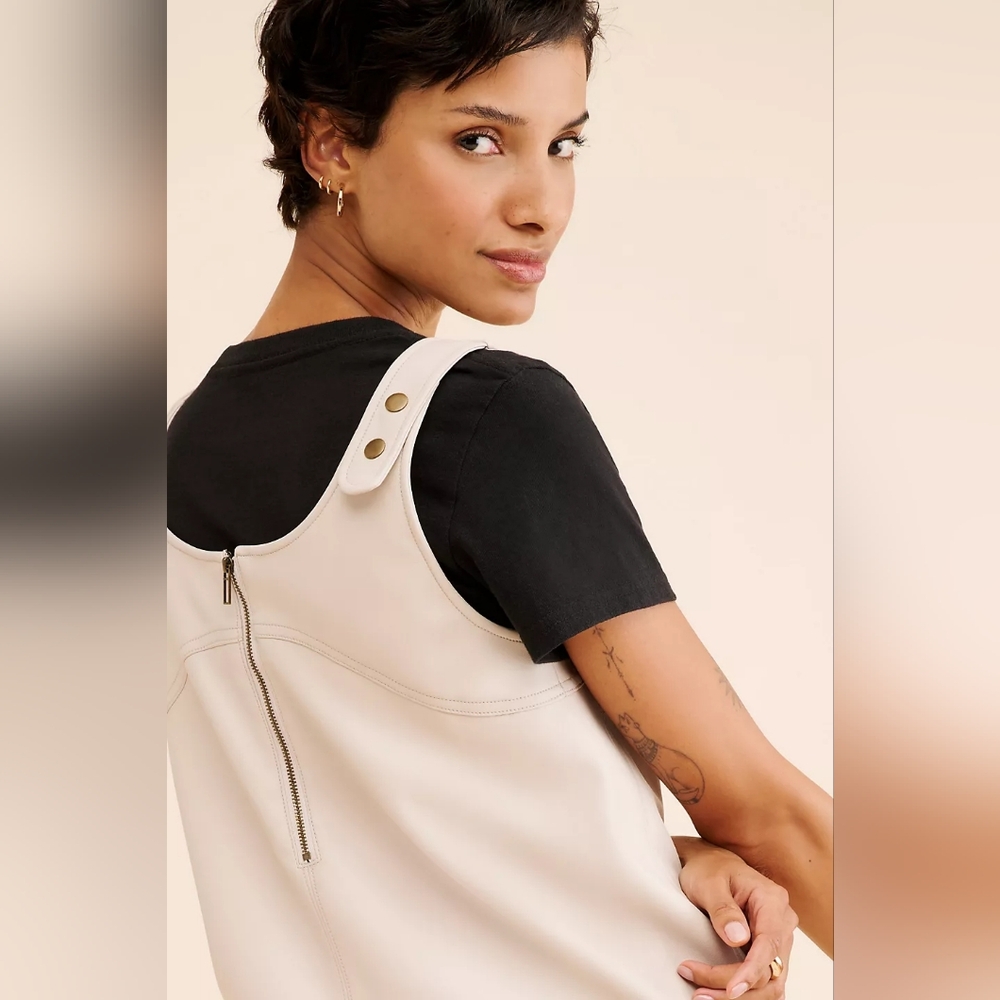NWT Pilcro Anthropologie Vegan Leather Shift Mini Dress in Neutral-Size 6 - Picture 5 of 11